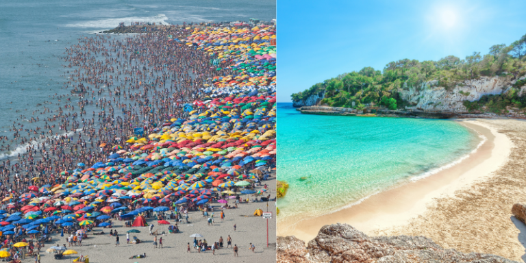 Überfüllter Strand vs leere Bucht